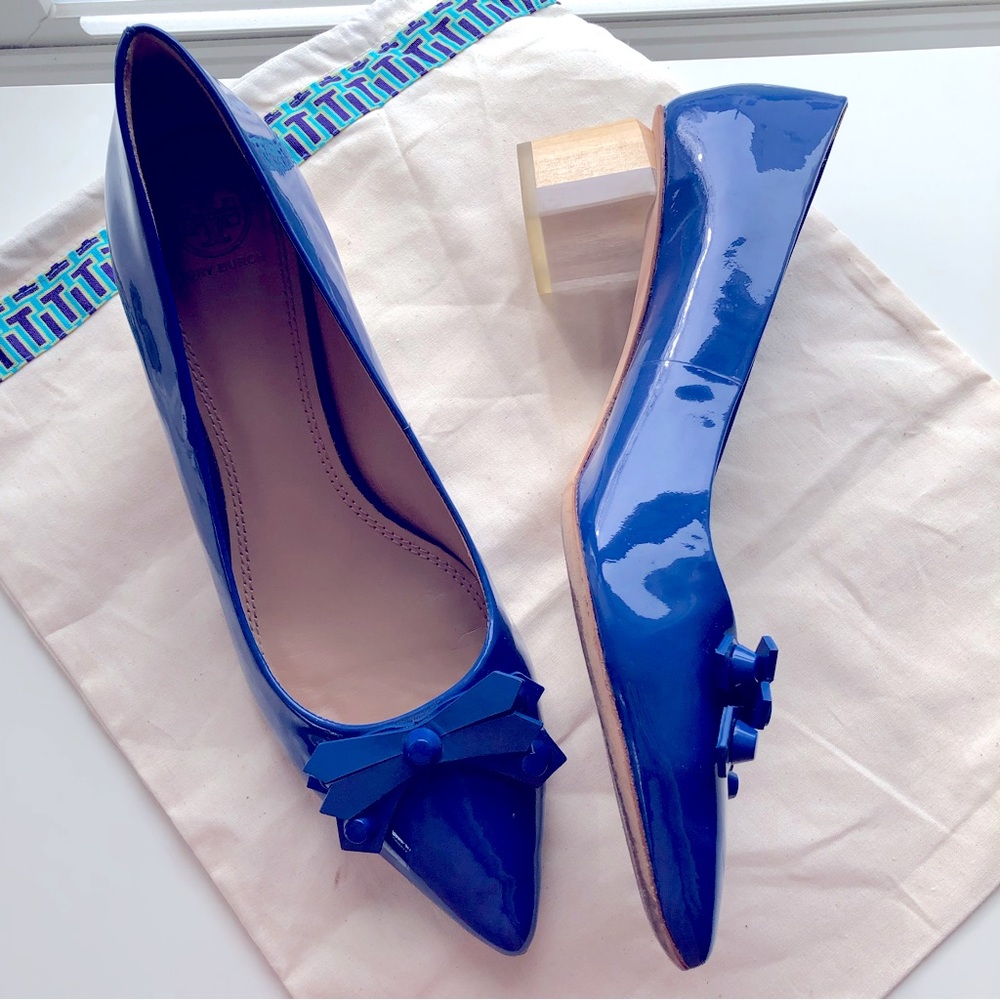 💙 Tory Burch Aurora Pump - Blue Patent Leather Acrylic/Wood Block Heel!